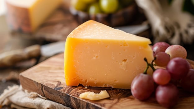 Sliced Gouda Cheese on Wooden Board with Grapes for Culinary and Food Photography photo