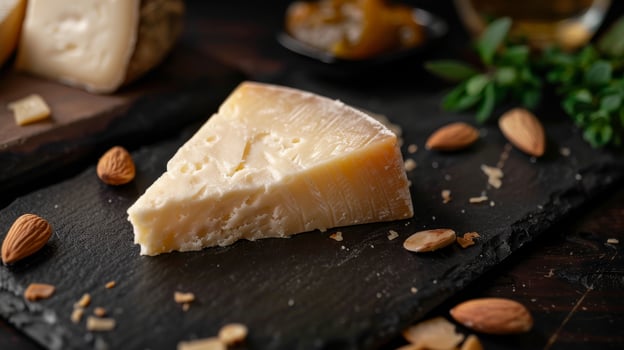 Gourmet Manchego Cheese Wedge with Almonds and Herbs on Slate Board for Culinary Presentation photo