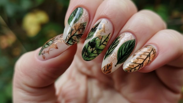 NatureInspired Leaf Nail Art Design with Green and Gold Accents, Perfect for Fashion and Beauty Trends photo