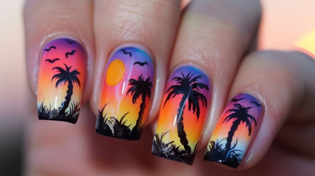 Vibrant Sunset Gradient Nail Art with Palm Trees and Birds for Summer Vacation Designs photo