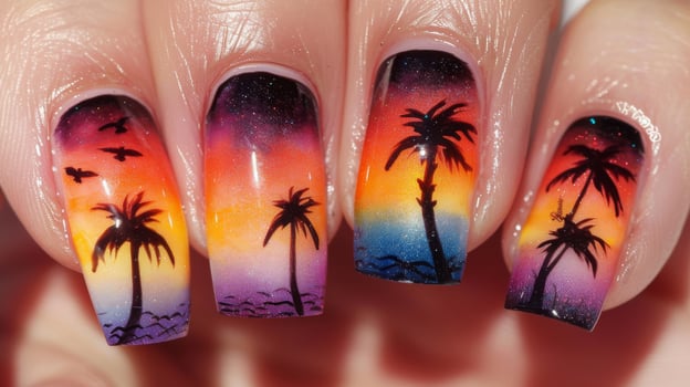 Gradient Sunset Nail Design with Palm Trees and Birds, Perfect for Summer Vacation Nail Art Ideas and BeachThemed Fashion photo