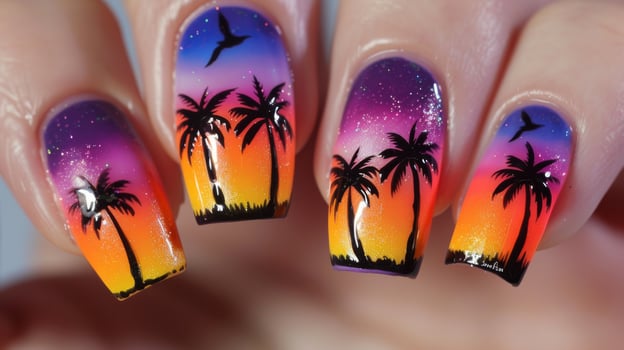 Gradient Sunset Nail Art Design with Palm Trees and Birds Perfect for Summer Vacation and BeachThemed Events photo
