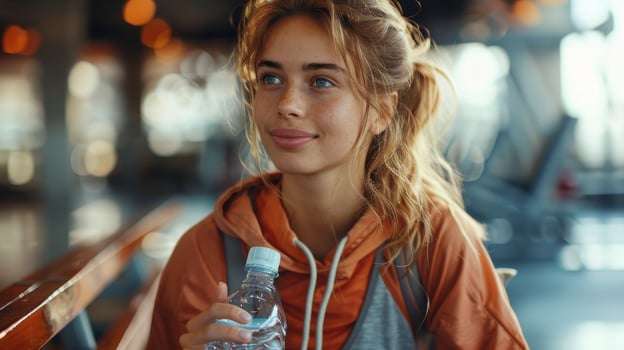 Young Woman With Blonde Hair Holding Water Bottle in a Public Space photo