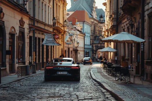 Coupe driving through historic cobblestone street in European city with old architecture and cafes lining the street in the background photo