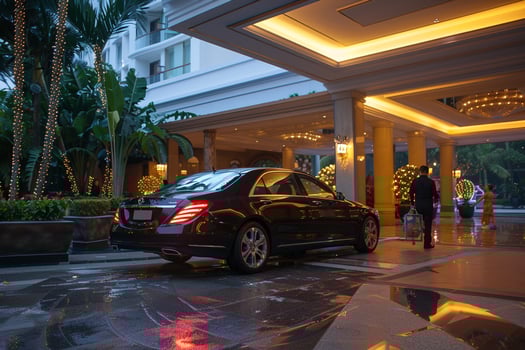 Full size sedan parked in front of luxury resort hotel with valets attending and guests enjoying the grand entrance in the background photo
