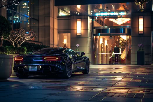 Mid size sports car parked at an upscale urban hotel entrance with valet service and city lights reflecting on its polished surface in the background photo