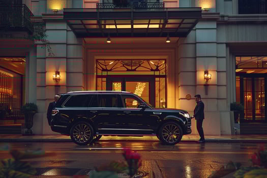 Elegance luxury SUV parked in front of highend boutique hotel with doorman opening the door for welldressed couple in the background photo