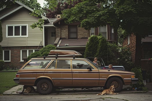 Station wagon parked in suburban driveway with children playing around and dog sitting in the back cargo arebackground photo