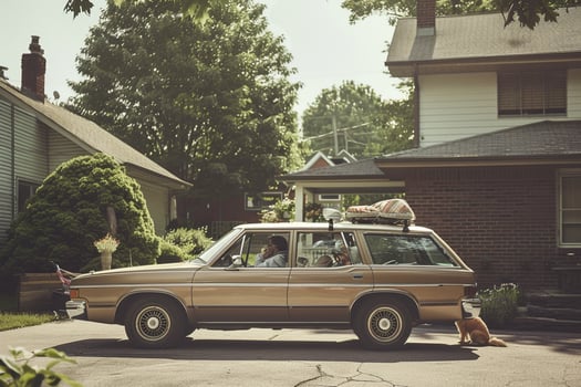 Station wagon parked in suburban driveway with children playing around and dog sitting in the back cargo arebackground photo