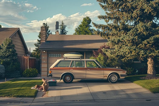 Station wagon parked in suburban driveway with children playing around and dog sitting in the back cargo arebackground photo