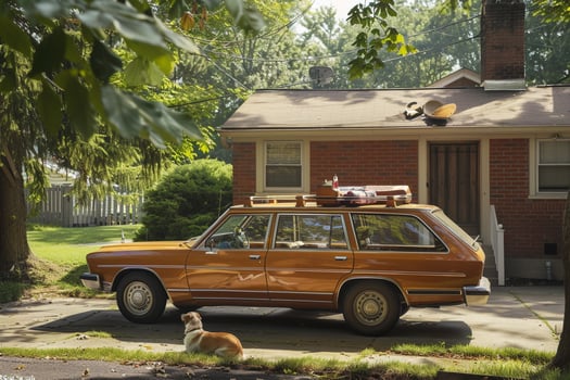Station wagon parked in suburban driveway with children playing around and dog sitting in the back cargo arebackground photo