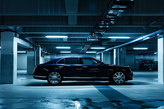 Luxury High end sedan parked in modern office buildings underground parking lot with architectural elements and ambient lighting as background photo