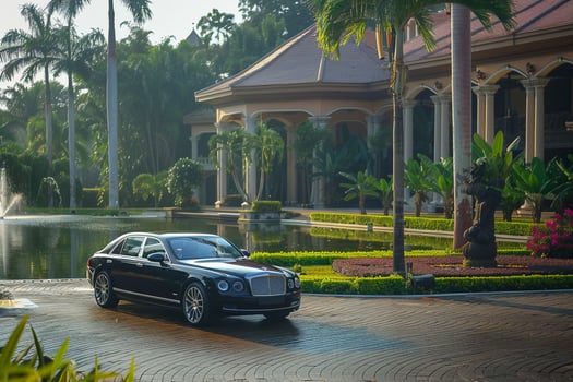 Luxury sedan parked in front of private villoverlooking serene lake with lush gardens and fountain photo