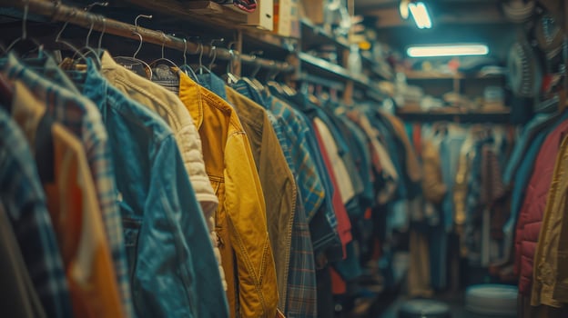 A Row of Clothes Hanging in a Vintage Clothing Store photo