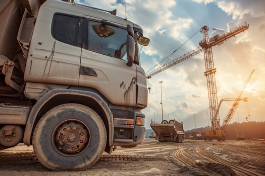 Strength Heavy duty truck parked at construction site with cranes and steel structures in the background against cloudy sky photo