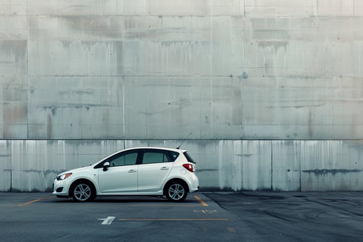 Urban Subcompact hatchback parked in minimalist urban parking lot with concrete walls and  ambient lighting photo