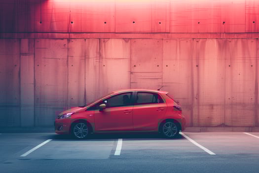 Urban Subcompact hatchback parked in minimalist urban parking lot with concrete walls and  ambient lighting photo