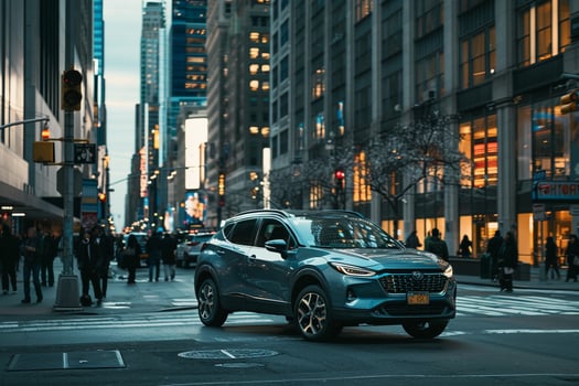 Urban Subcompact crossover parked on busy city street with skyscrapers and pedestrians in the background photo