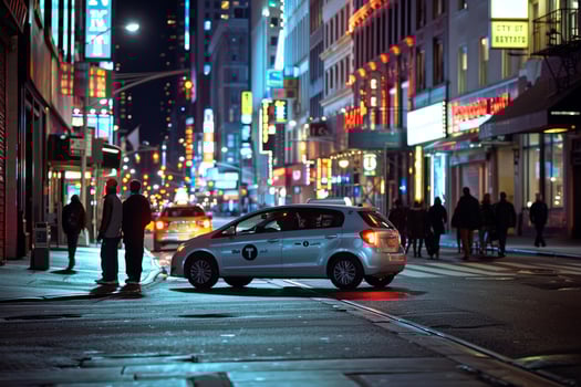 Urban Subcompact sedan parked in busy city street with pedestrians walking on the sidewalk and city lights at night photo