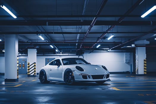 Urban Compact sports car parked in dimly lit underground parking garage with industrial architecture photo