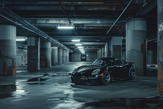 Urban Compact sports car parked in dimly lit underground parking garage with industrial architecture photo