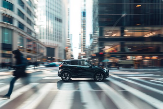 Urban Subcompact SUV driving through busy city street with pedestrians crossing at crosswalk and tall buildings in the background photo