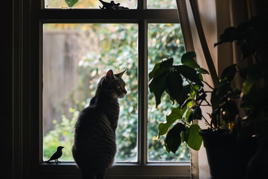Curious tabby cat peering through window at birds in the garden with nature background photo