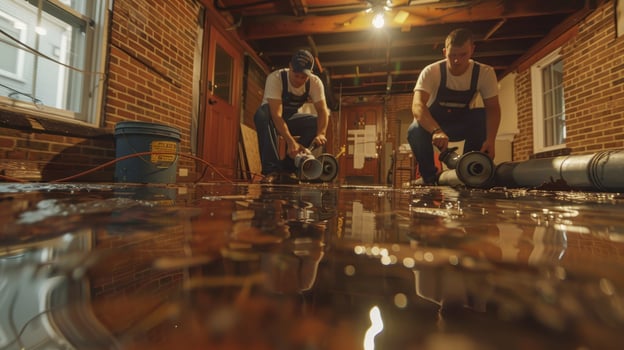 Two Workers Pumping Water From Flooded Basement photo