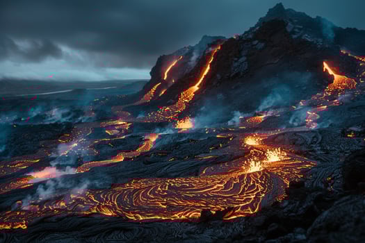 Glowing lavflowing from an active volcano illuminating the rugged terrain at night. Night  with active volcano and lavflow background. photo
