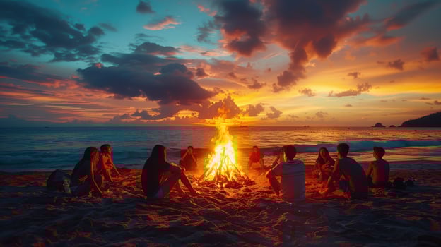 Friends Gather Around Bonfire on Beach at Sunset photo