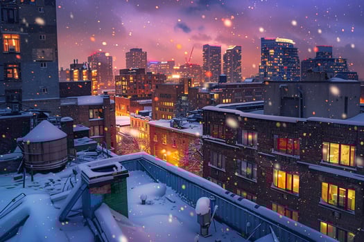 Snow covered rooftops and colorful city lights glowing under vibrant evening sky background photo