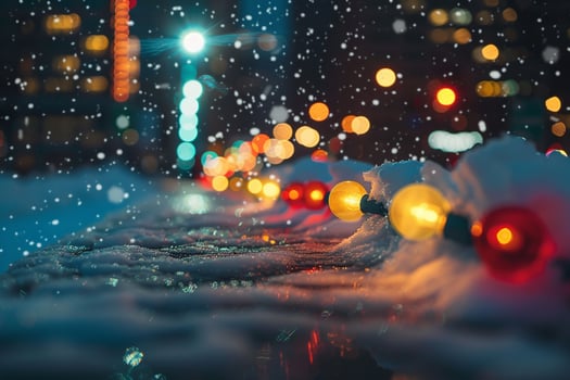 Snow covered cityscape with colorful holiday lights reflecting in the snow background photo