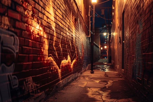 Fiery graffiti mural blazing on brick wall in an urban alley illuminated by streetlights background photo