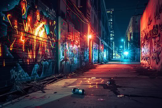 Fiery graffiti mural blazing on concrete wall in an urban alley lit by flashing police sirens background photo