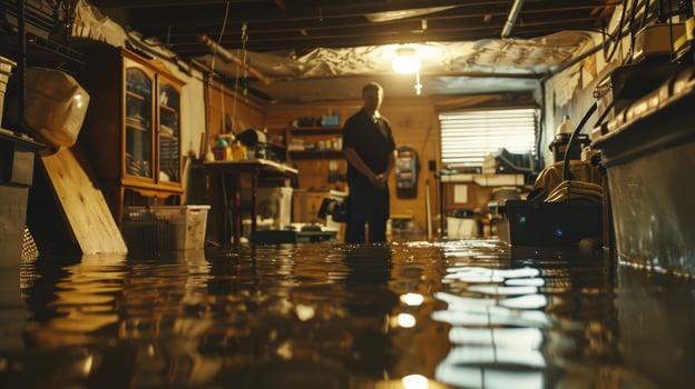 A Man Standing in a Flooded Basement During a Storm photo