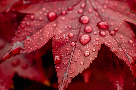 Nature of Vibrant Red Maple Leaf in Autumn with Dew Drops Glistening on Its Surface Background photo