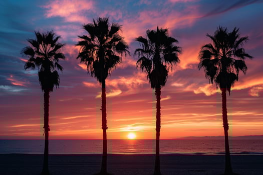 Palm trees silhouetted against fiery sunset sky over calm beach background photo