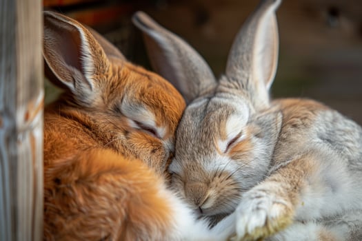 pair of bonded rabbits grooming each other in cozy enclosure with background of  lighting their  fur and gentle movements conveying sense of security photo