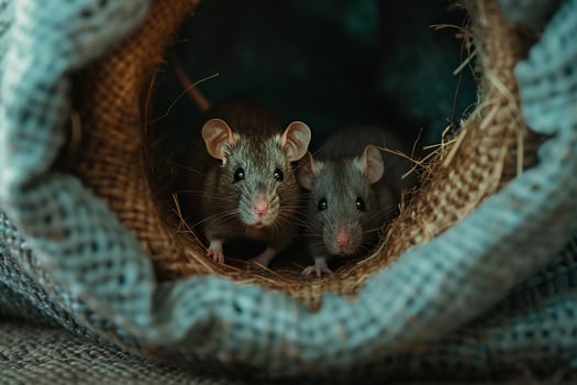pair of shelter rats playfully chasing each other through maze of tunnels their agile movements and squeaks creating serene atmosphere photo
