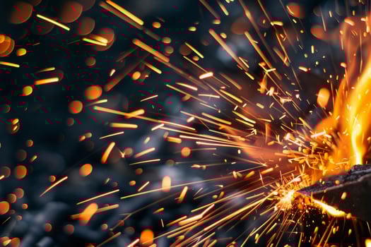 Dynamic Nature of sparks and flames erupting from metalworking forge capturing the intense heat and energy photo