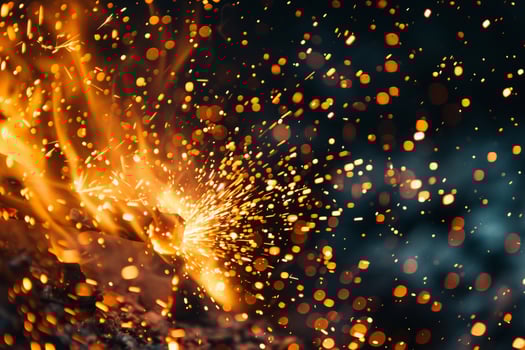 Vibrant Nature of sparks and flames bursting from blacksmiths forge capturing the energy and heat of metalworking photo