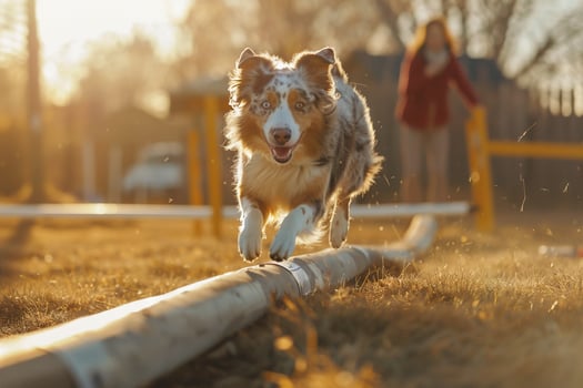 An Australian Shepherd navigating an agility course with precision and enthusiasm owner cheering from the sidelines set against an engaging agility background photo