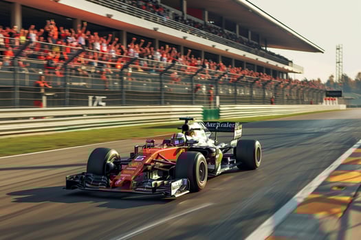 Sports car zooming past grandstand full of cheering fans at racetrack   Background photo