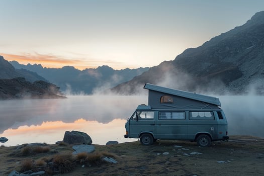Vintage Camper Van Parked by Serene Mountain Lake at Sunrise nature background photo
