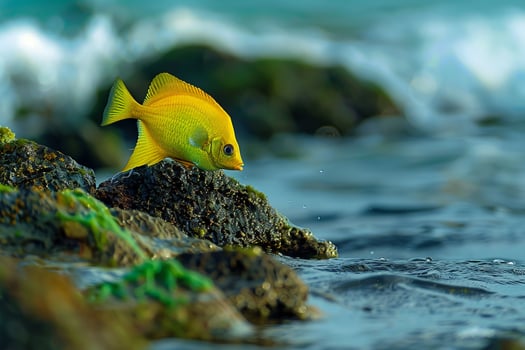 Foxface Rabbitfish peacefully grazing on algaecovered rocks in a calm shallow lagoon background nature photo