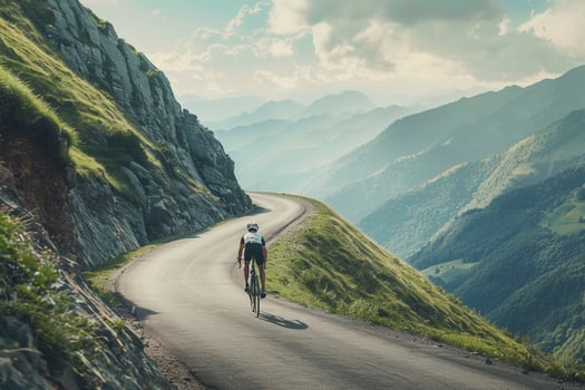 Determined Cyclist Climbing Steep Mountain Road Surrounded by Lush Greenery nature background photo