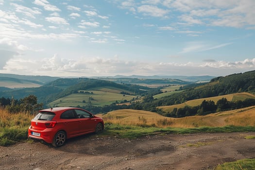 Compact Hatchback on Country Road Overlooking Rolling Hills nature background photo