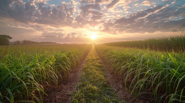 Sunrise over lush green field with pathway through crops and vibrant sky photo
