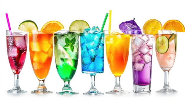 A lineup of colorful non-alcoholic cocktails in tall glasses isolated on white. photo