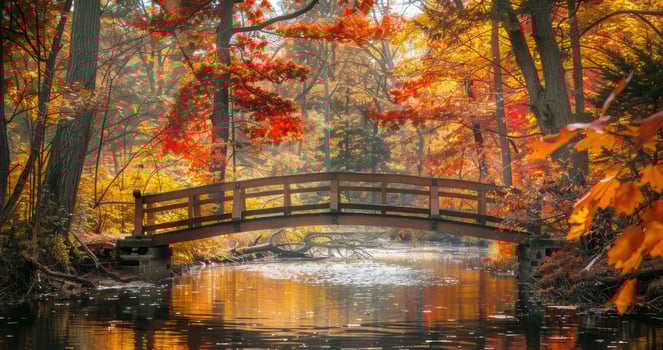 A bridge over a stream surrounded by colorful autumn leaves. photo